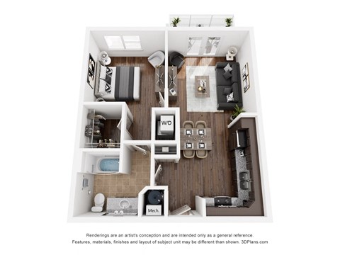 A 3D floor plan of a small apartment with a kitchen, living room, and bathroom.